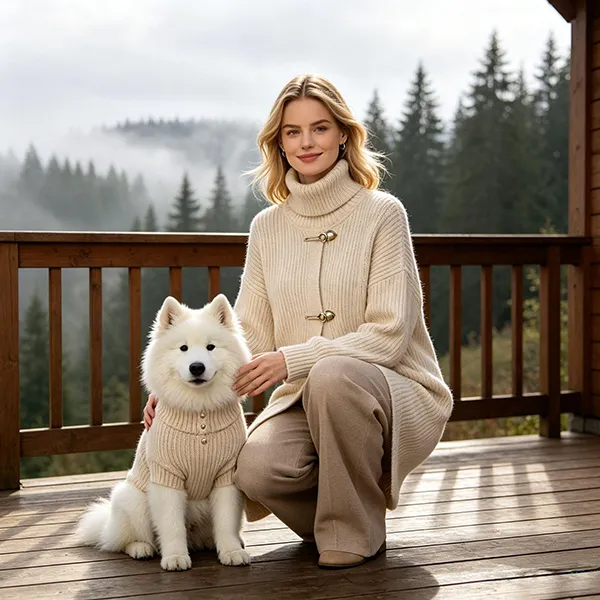 matching toggle closure dog owner sweater set balcony view