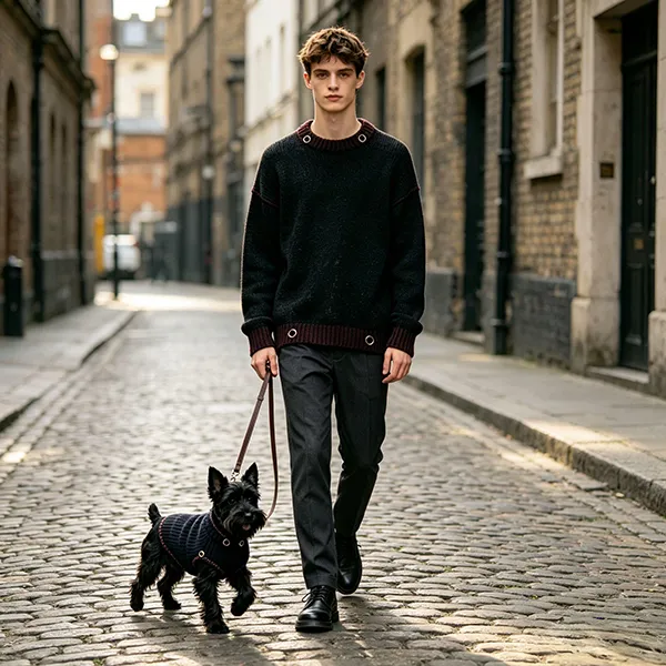 dog and owner streetwear matching knitwear walking