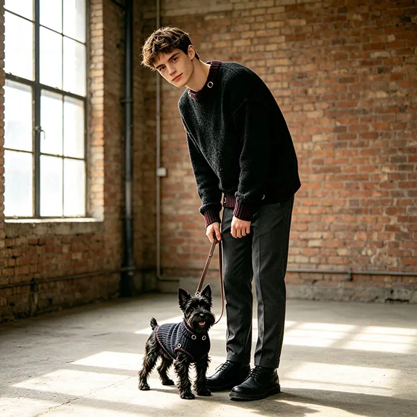 metal hardware crewneck and dog sweater indoor studio