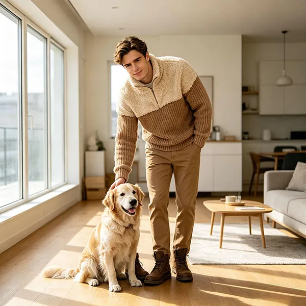 color block quarter zip sweater and dog vest in indoor setting