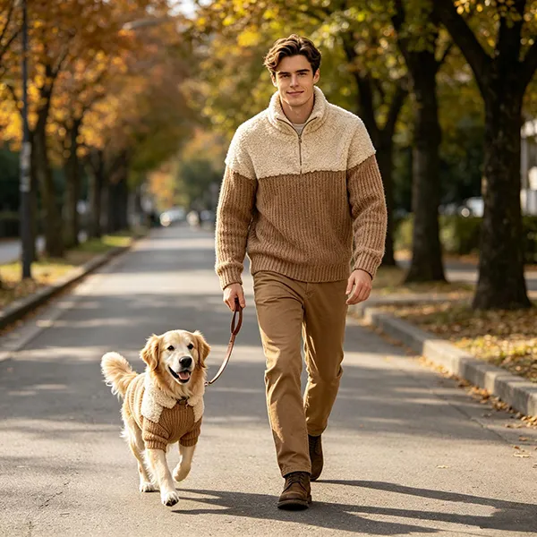 dog and owner outdoor walking in matching half zip fleece knitwear