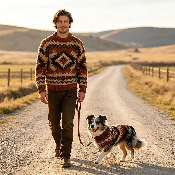 dog and owner walking in matching fair isle jacquard knitwear