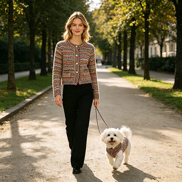 parisian cafe style matching tweed knitwear dog walking