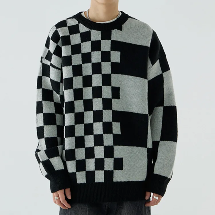 custom-mens-geometric-checkerboard-jacquard-sweater-black