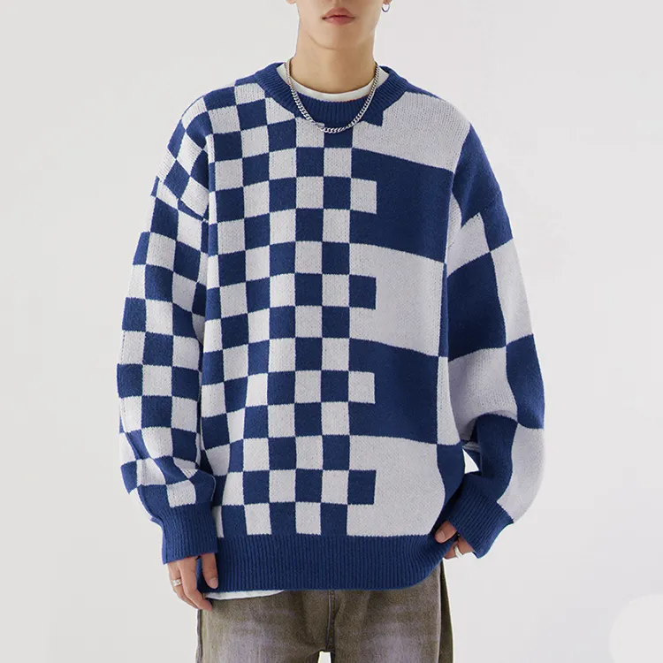 custom-mens-geometric-checkerboard-jacquard-sweater-blue