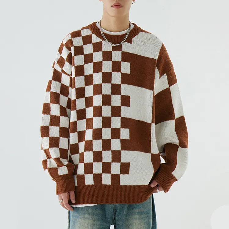 custom-mens-geometric-checkerboard-jacquard-sweater-brown