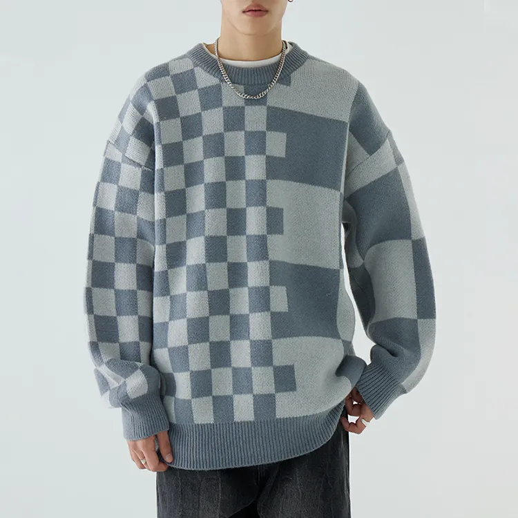 custom-mens-geometric-checkerboard-jacquard-sweater-grey