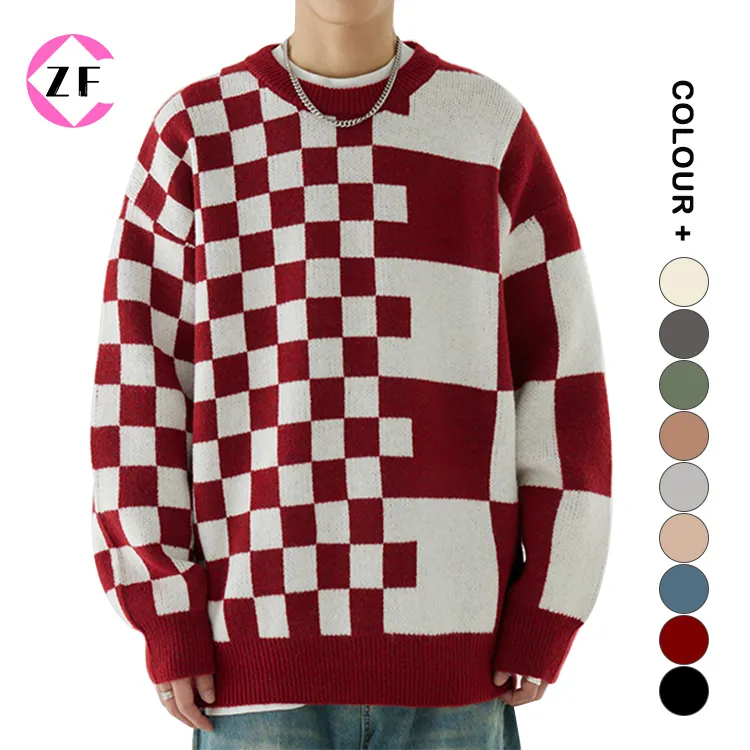 custom-mens-geometric-checkerboard-jacquard-sweater-red