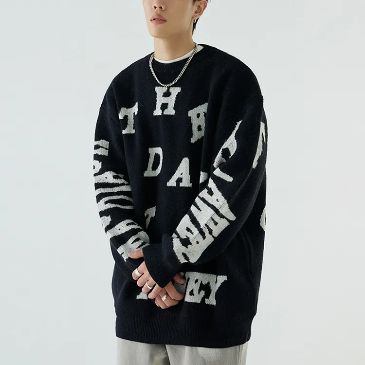 custom-mens-jacquard-text-pattern-oversized-sweater-black-model-showcase