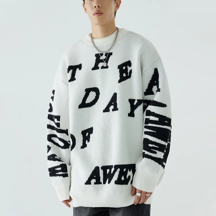 custom-mens-jacquard-text-pattern-oversized-sweater-white-model-showcase