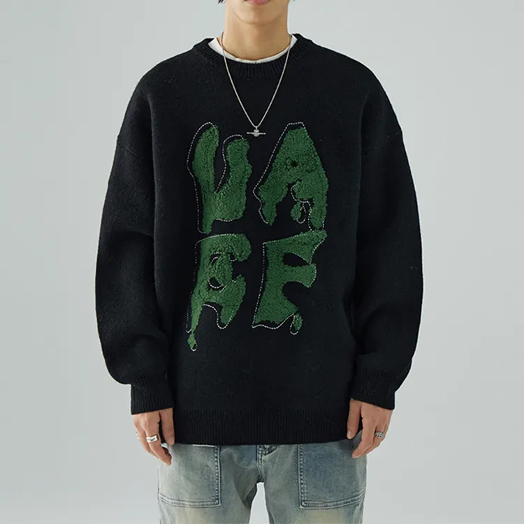 custom-mens-oversized-jacquard-embroidery-pullover-sweater-black