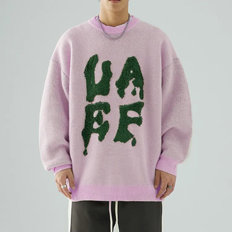 custom-mens-oversized-jacquard-embroidery-pullover-sweater-pink