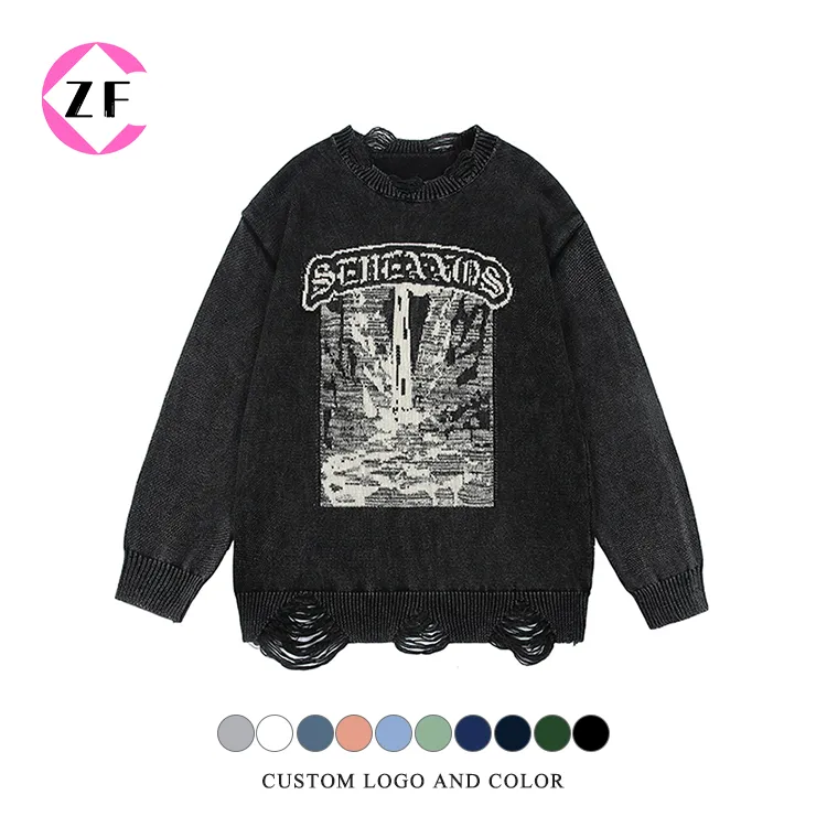 custom-mens-oversized-ripped-jacquard-knit-pullover-sweater-black