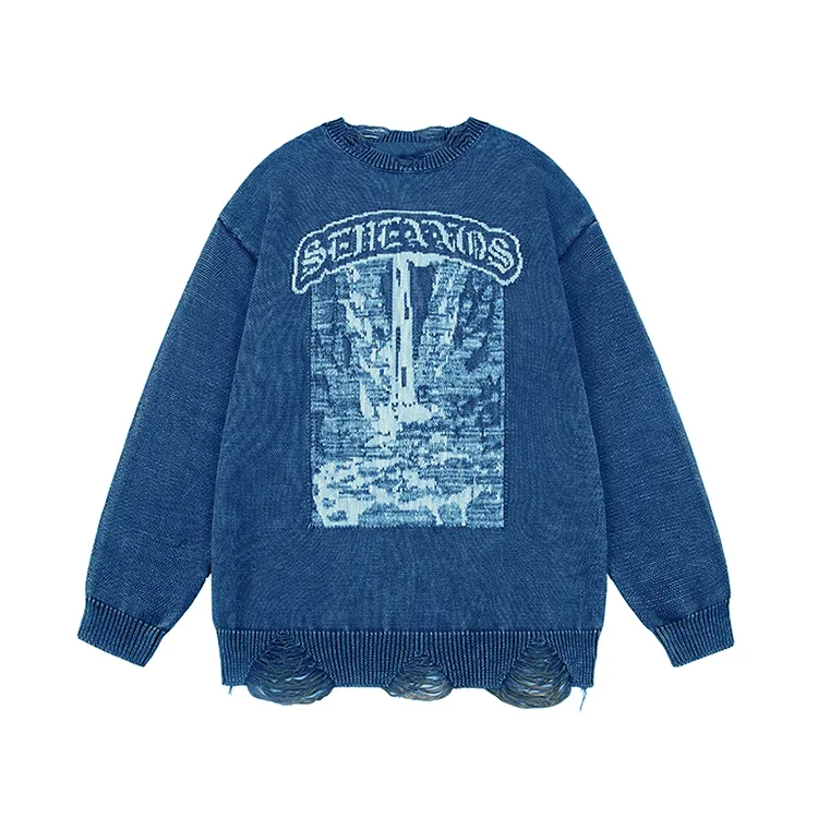 custom-mens-oversized-ripped-jacquard-knit-pullover-sweater-blue