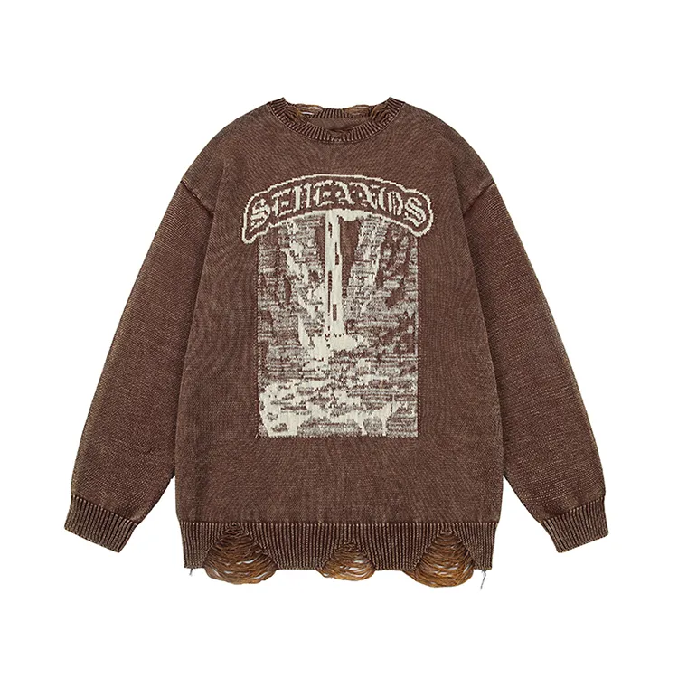 custom-mens-oversized-ripped-jacquard-knit-pullover-sweater-brown