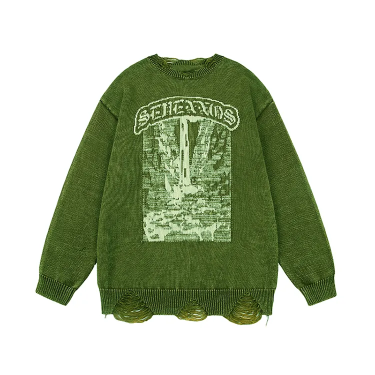 custom-mens-oversized-ripped-jacquard-knit-pullover-sweater-green