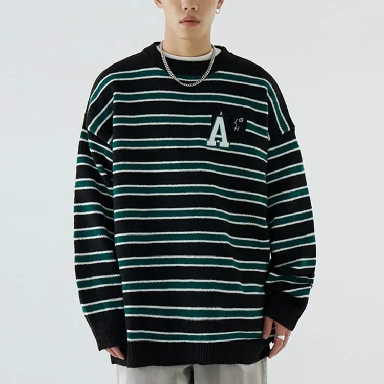 custom-mens-oversized-striped-embroidery-sweater-with-black-and-green
