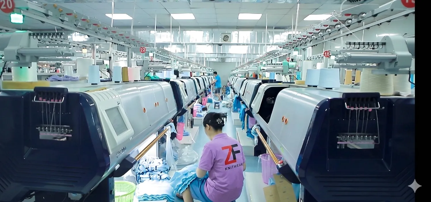 Workers operating advanced knitting machines in a modern sweater manufacturing factory