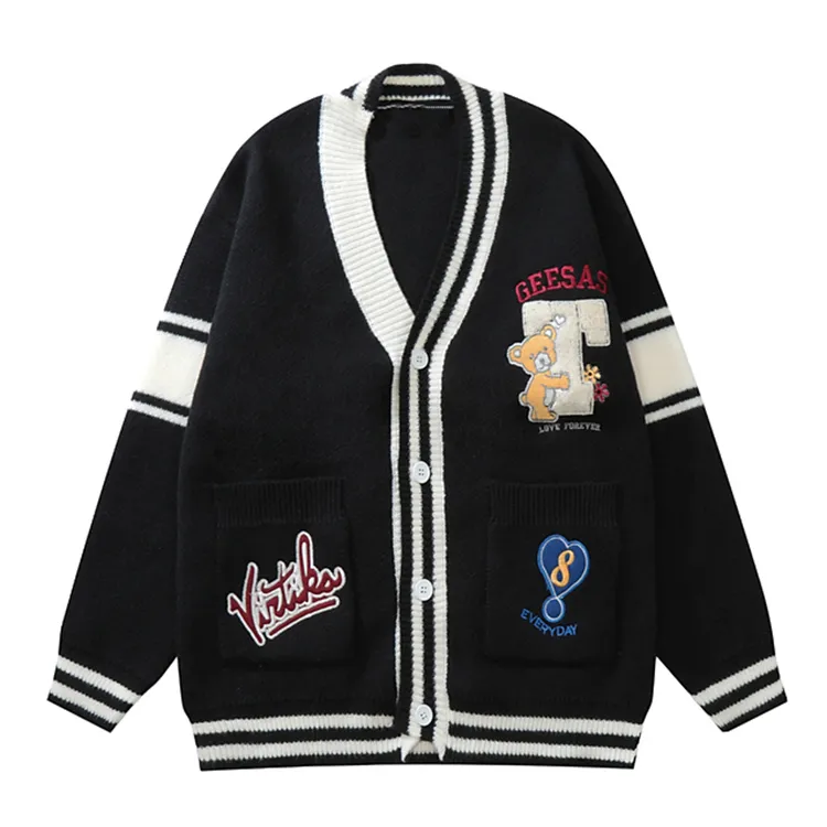custom-men-s-chenille-embroidery-bear-cardigan-black