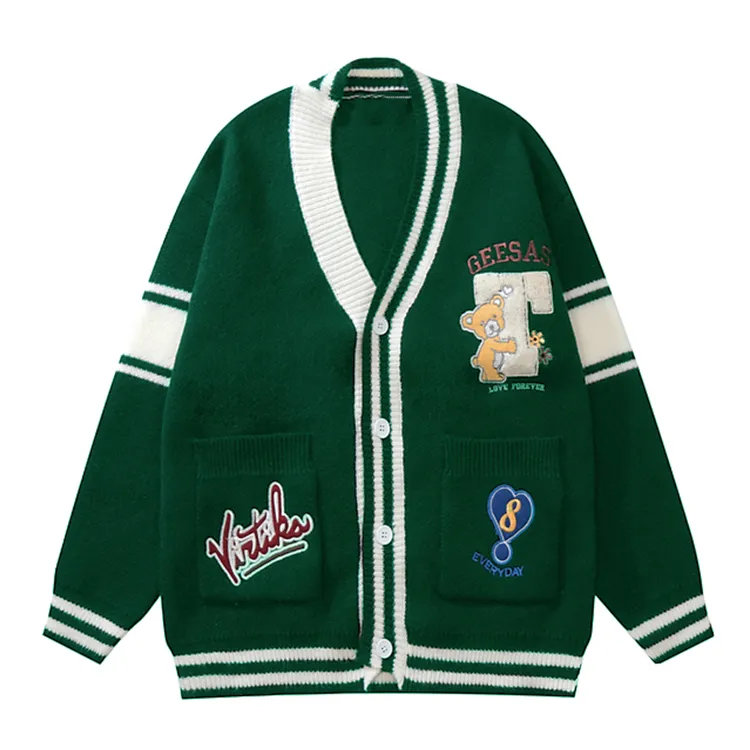 custom-men-s-chenille-embroidery-bear-cardigan-green