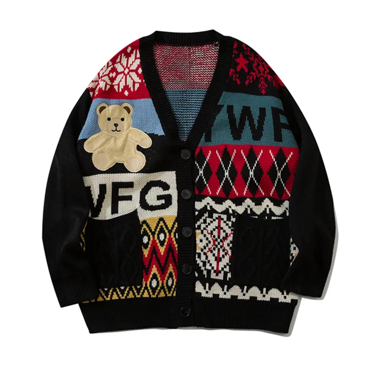 custom-mens-christmas-bear-jacquard-cardigan-black