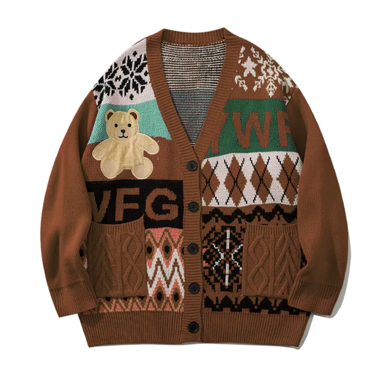 custom-mens-christmas-bear-jacquard-cardigan-brown