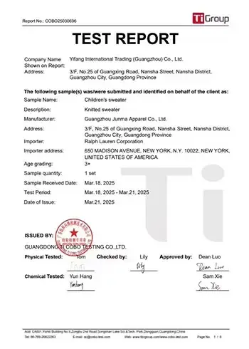 Children’s sweater safety test report for OEM knitwear manufacturing
