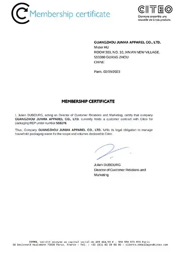 CITEO membership certificate for sustainable packaging compliance