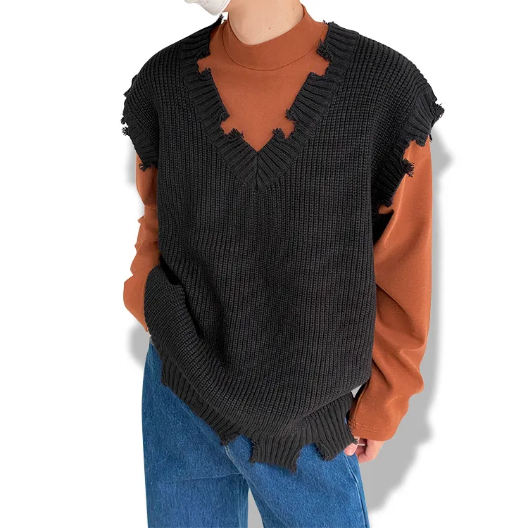 custom-distressed-oversized-knit-v-neck-vest-black