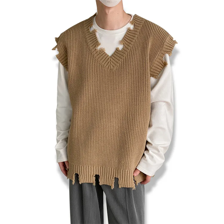 custom-distressed-oversized-knit-v-neck-vest-brown