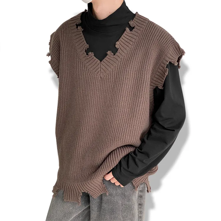 custom-distressed-oversized-knit-v-neck-vest-dark-brown