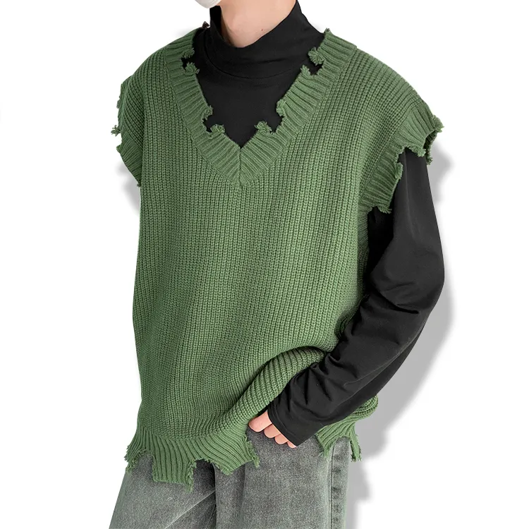 custom-distressed-oversized-knit-v-neck-vest-green