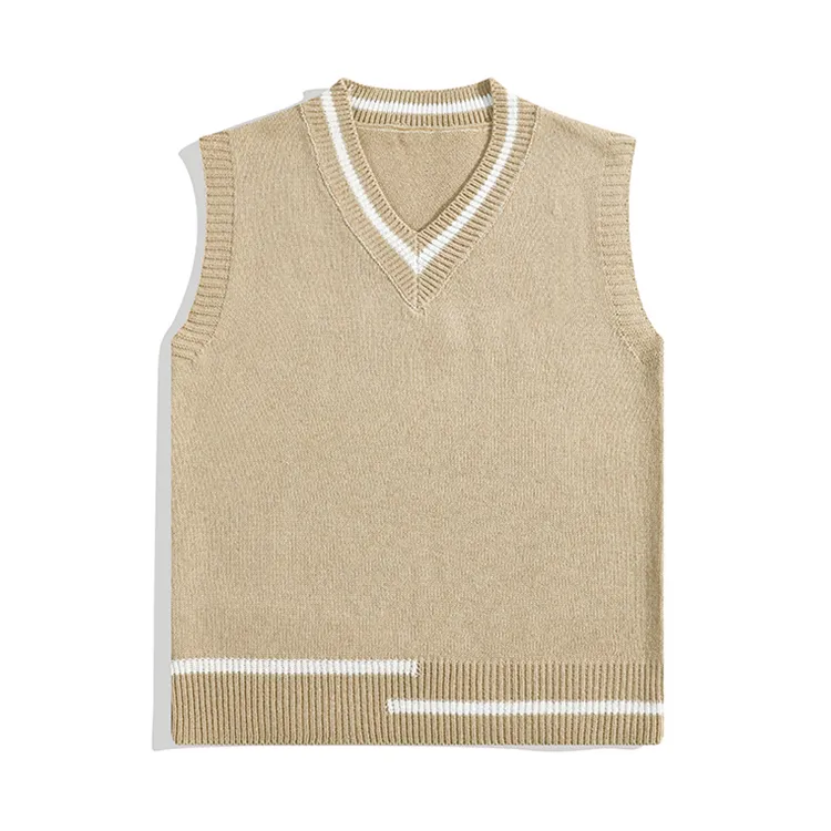 custom-minimalist-color-block-v-neck-knit-vest-beige