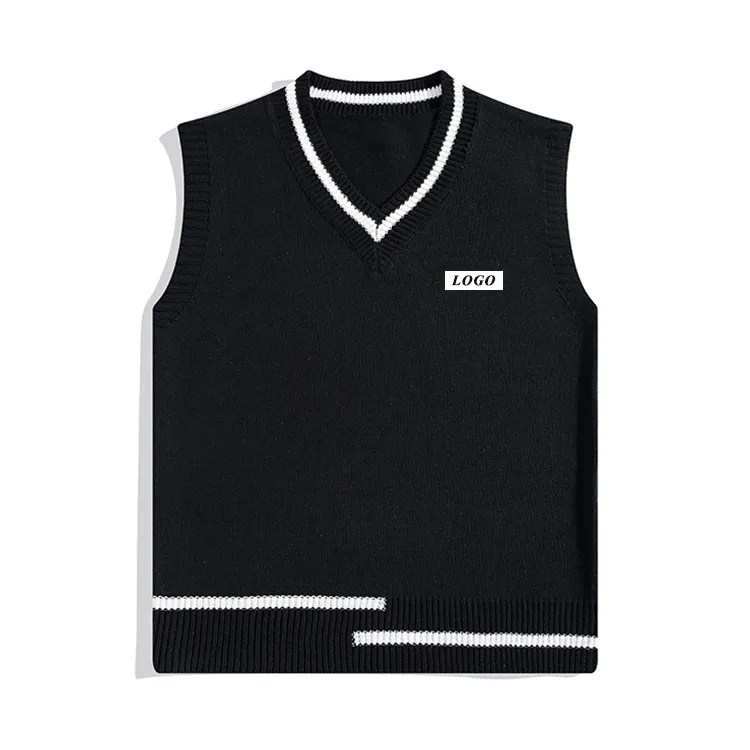 custom-minimalist-color-block-v-neck-knit-vest-black