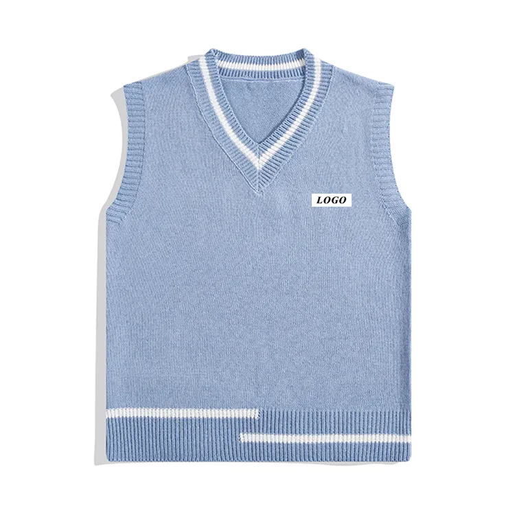custom-minimalist-color-block-v-neck-knit-vest-blue
