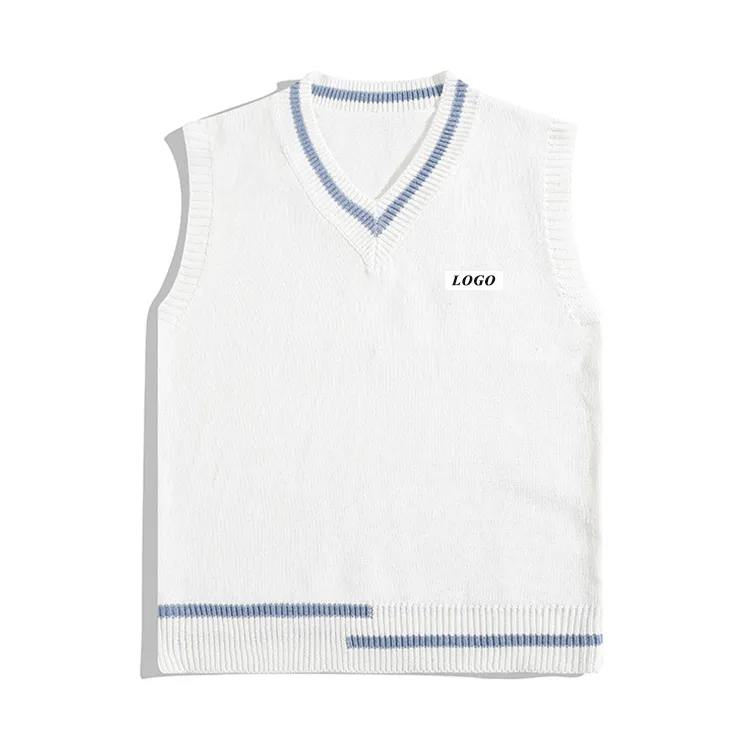 custom-minimalist-color-block-v-neck-knit-vest-white