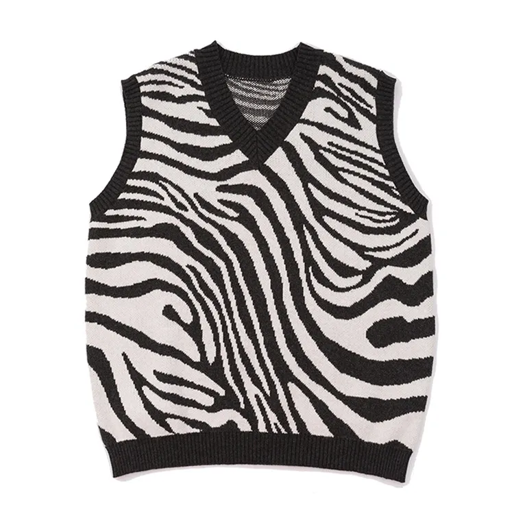 custom-zebra-print-knit-v-neck-vest-black