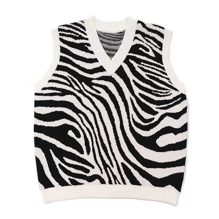 custom-zebra-print-knit-v-neck-vest-white