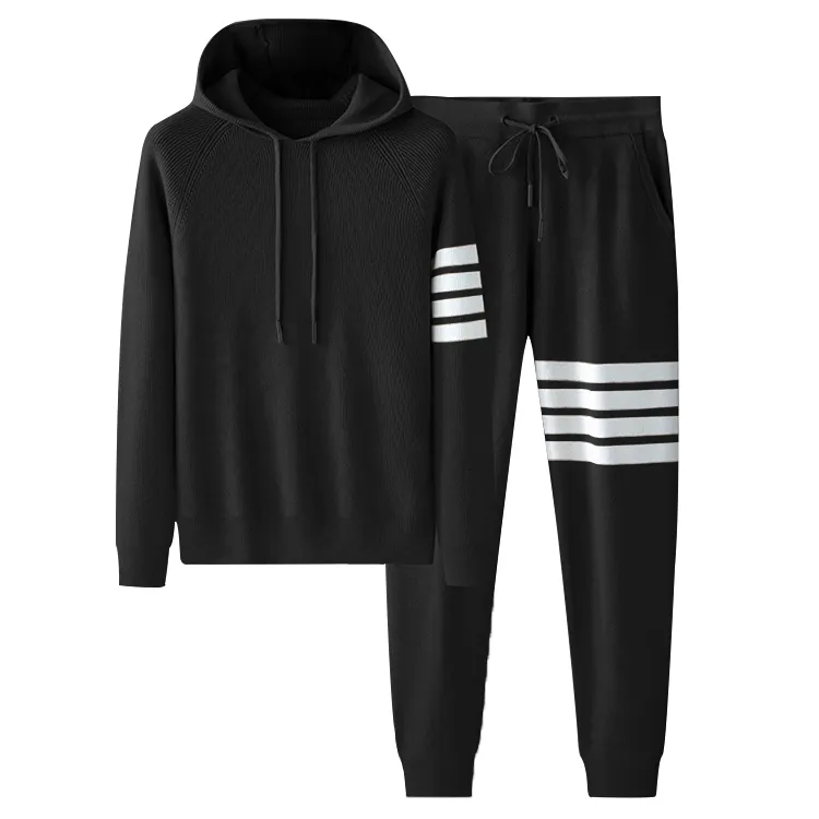 custom-four-bar-stripe-knit-hooded-tracksuit-set-black