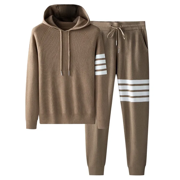custom-four-bar-stripe-knit-hooded-tracksuit-set-brown