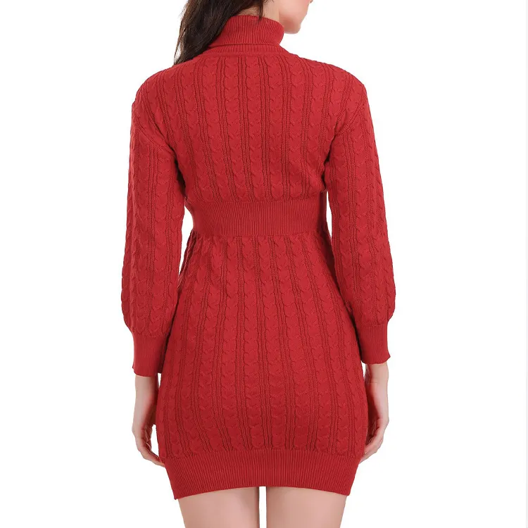 custom-mock-neck-cable-knit-sweater-dress-red-back