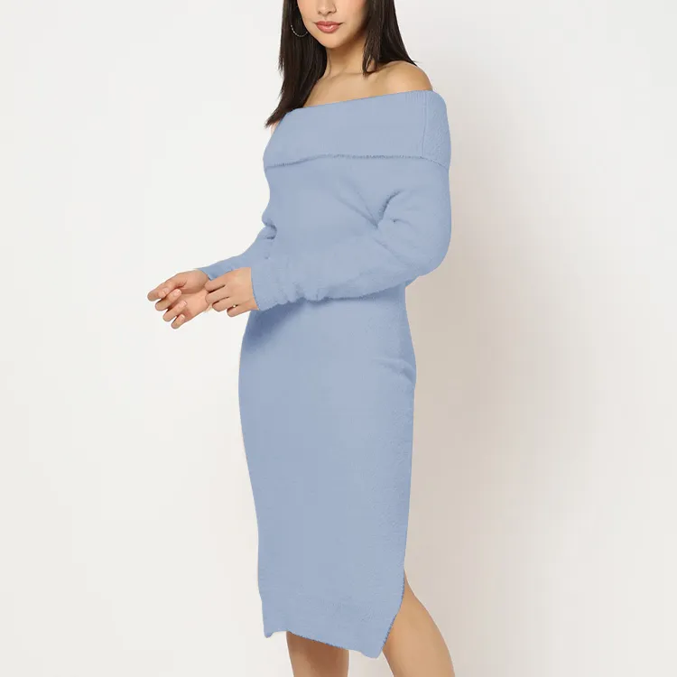 custom-off-shoulder-chenille-sweater-dress-blue