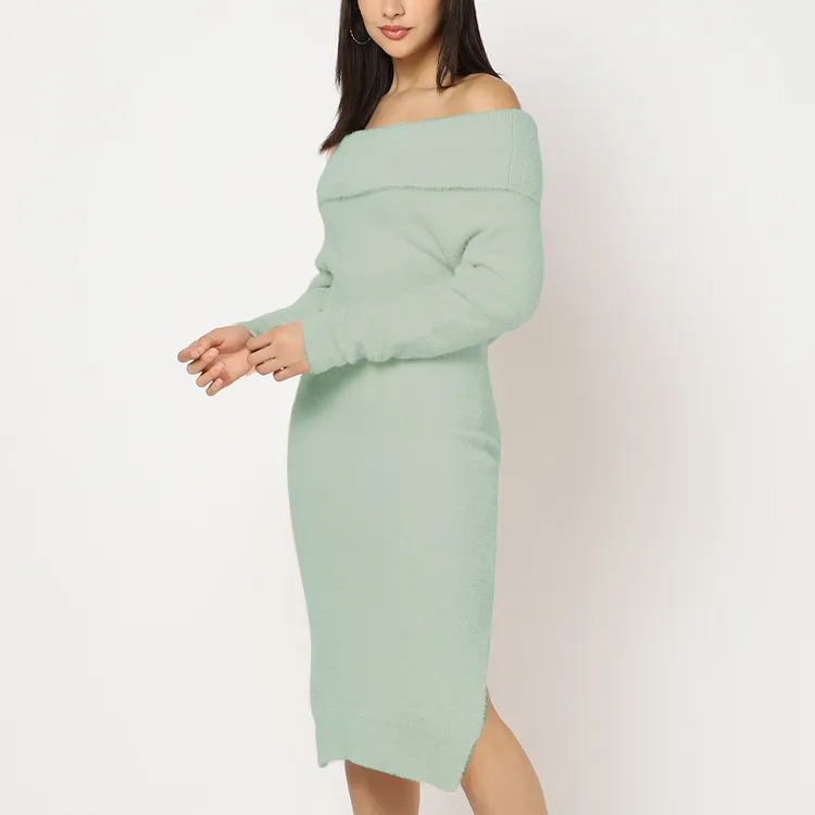 custom-off-shoulder-chenille-sweater-dress-green