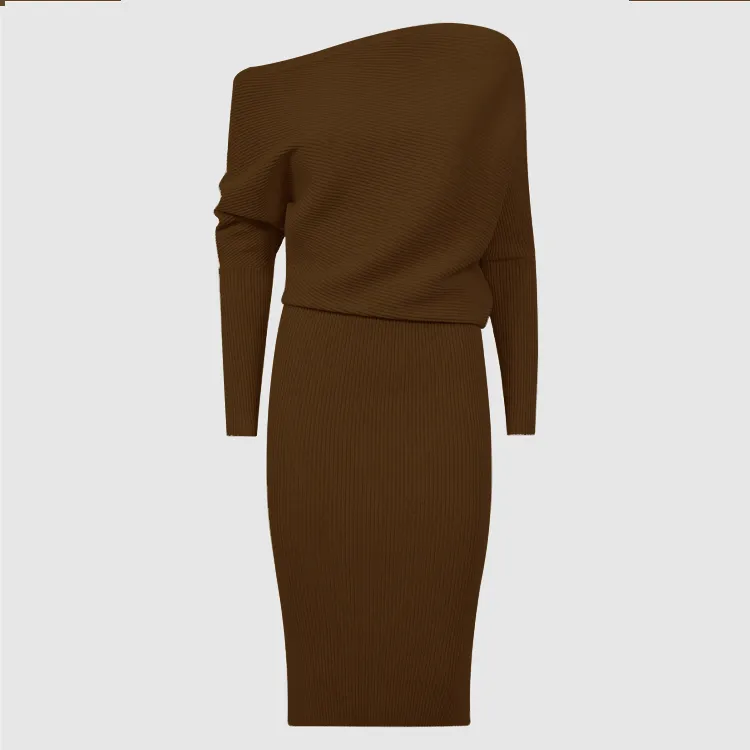 custom-off-shoulder-ribbed-knit-sweater-dress-brown