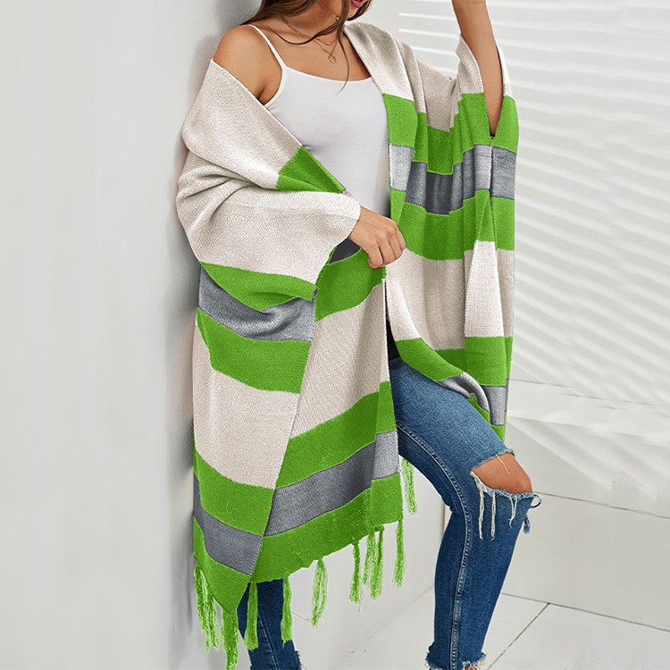 custom-striped-knit-poncho-cardigan-fringe-green