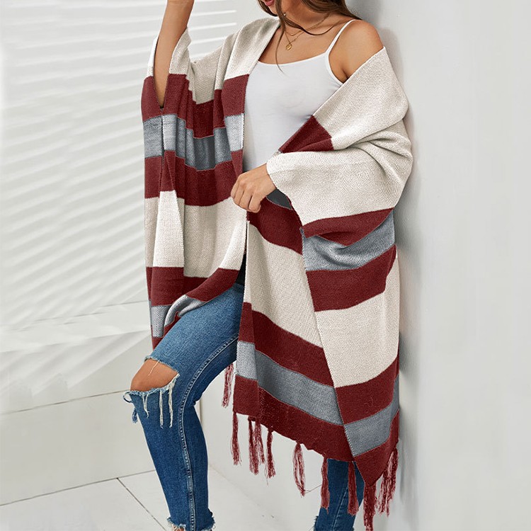 custom-striped-knit-poncho-cardigan-fringe-red