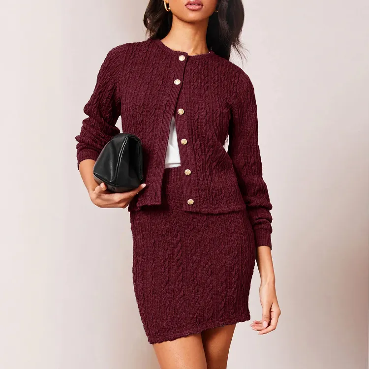 custom-cable-knit-cardigan-and-skirt-dress-set-red