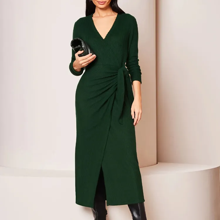 custom-v-neck-wrap-ribbed-knit-midi-dress-green