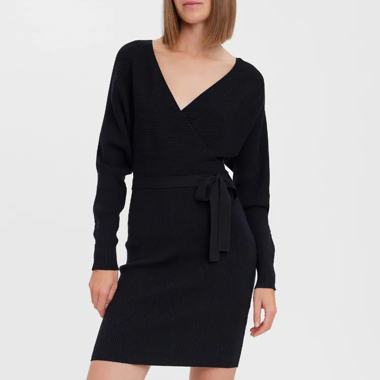custom-wrap-front-ribbed-knit-sweater-dress-black