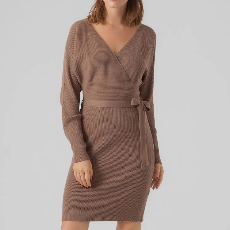 custom-wrap-front-ribbed-knit-sweater-dress-brown